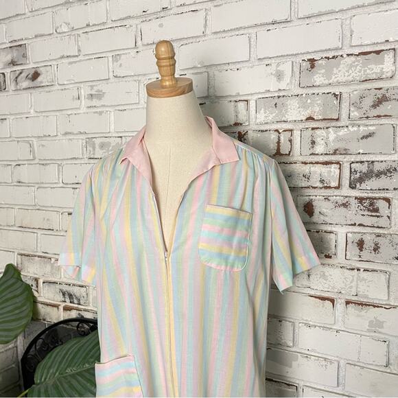 Vintage 70s 80s Nancy Frock Pastel Multi Color Stripe Short Sleeve Sleep Gown - Picture 3 of 9